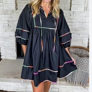 Entro black bubble sleeve dress with colorful hemline